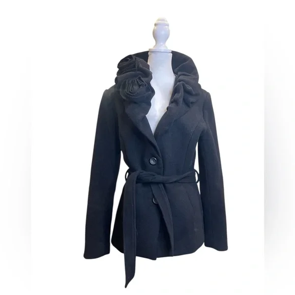 LILIBLEU Black Rosette Belted Jacket Coquette Goth Romantic Peplum Coat - Picture 4 of 7